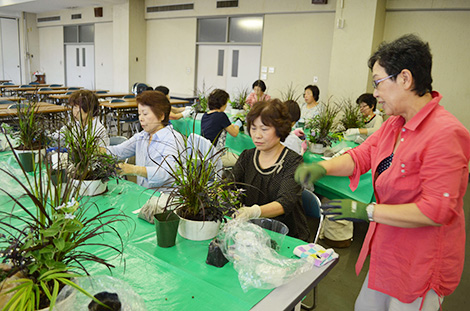 植え方を説明する武本先生（右）