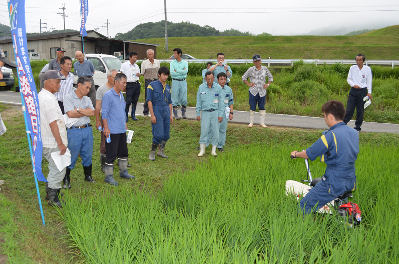 2015年7月のトピックス「乗用式溝切り機の作業を見る参加者」