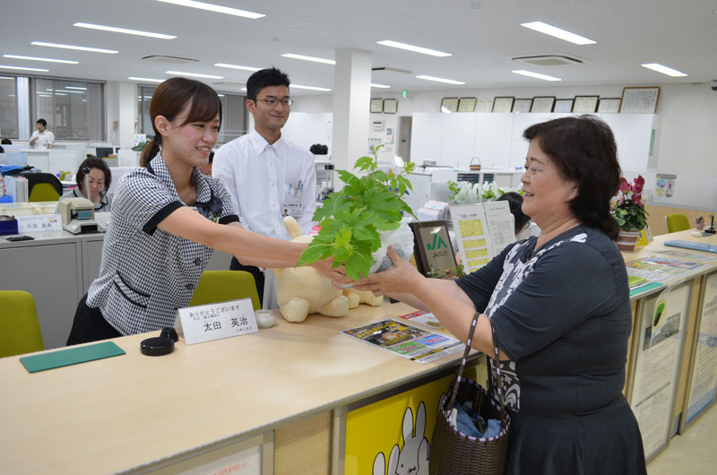 2019年5月のトピックス「苗を受け取る来店者（北淡支店）」